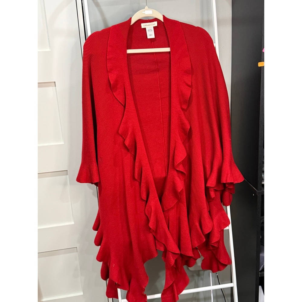 Coldwater Creek Red Ruffle Trim Open Front Ribbed Knit Cardigan Sweater Shawl OS